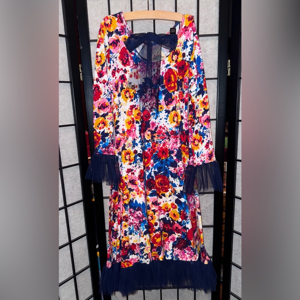 Floral Kids Formal Dress with Navy Accents